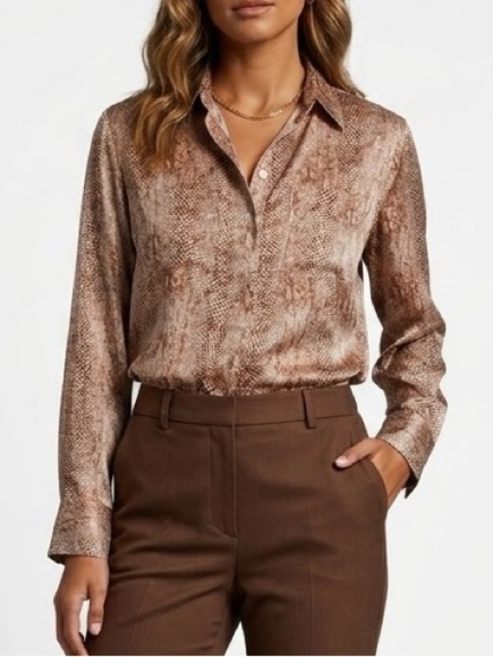 NEW a new day Animal print satin blouse top SMALL brown tan long sleeves buttons